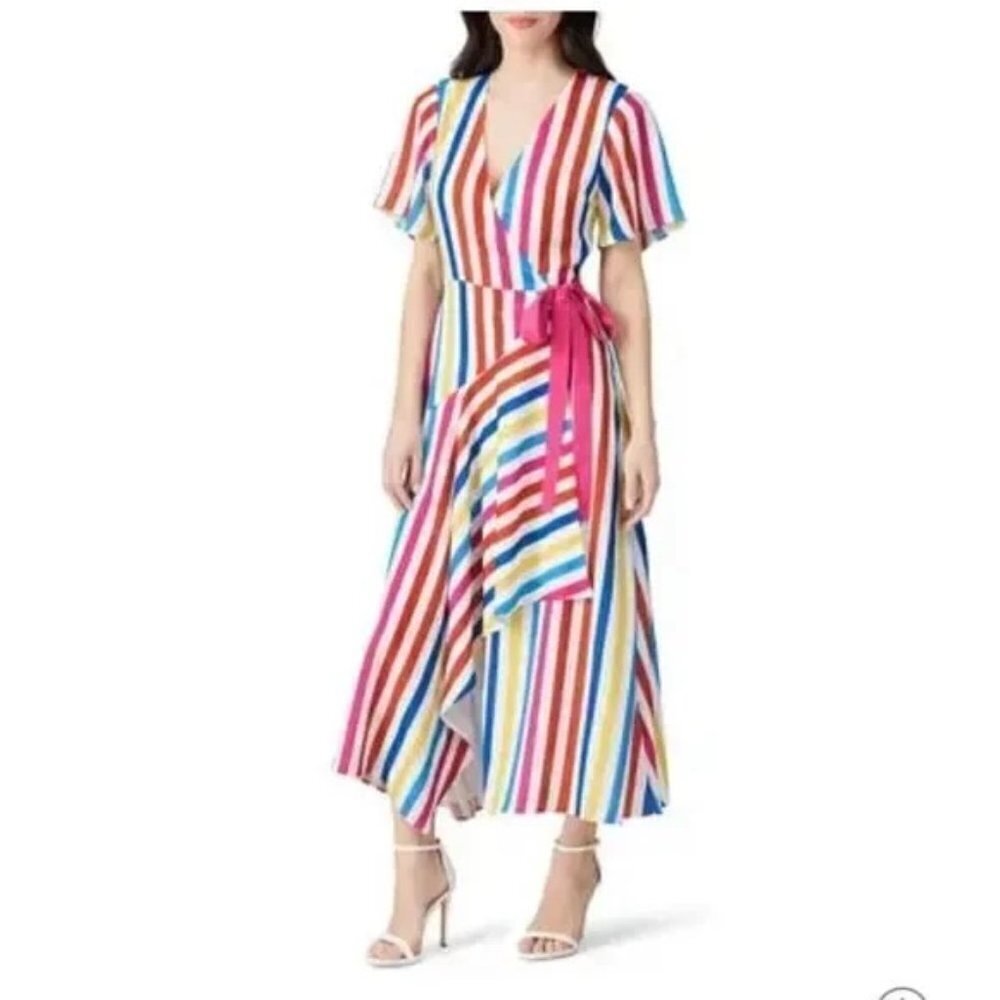 Color Me Courtney Taira Wrap Dress Striped Colorful Maxi Short Sleeves Womens XS